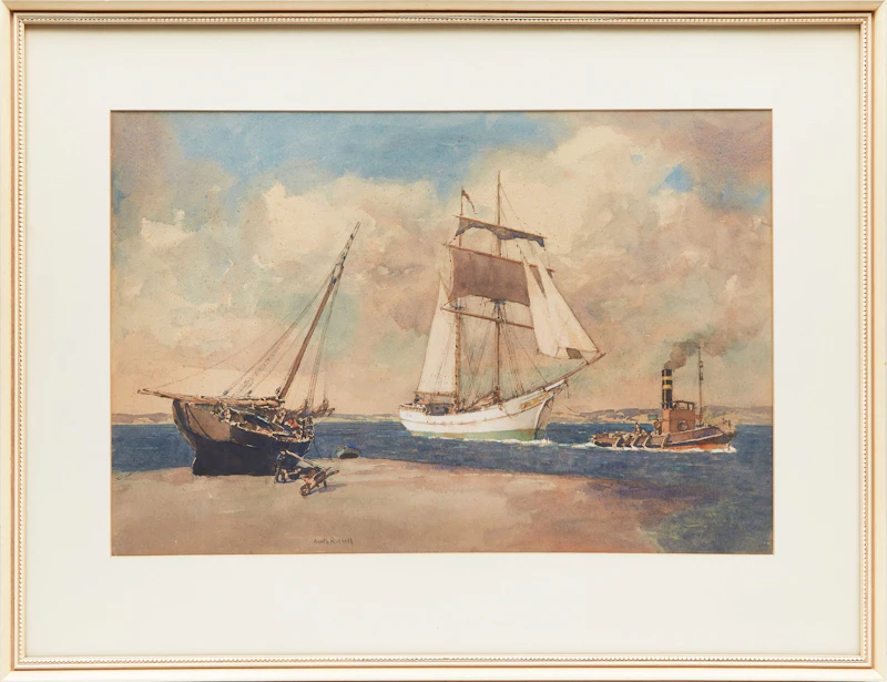 Gyrth Russell, Boats in Harbour; Tilt Rock Sky, watercolour; oil on board - view 2