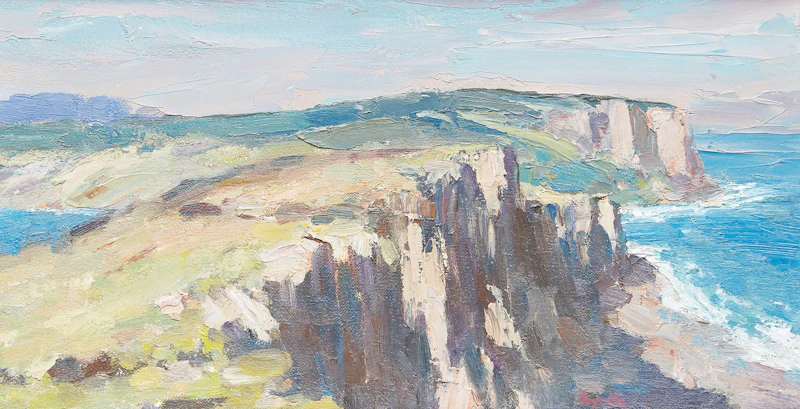 Gyrth Russell, Boats in Harbour; Tilt Rock Sky, watercolour; oil on board - view 4