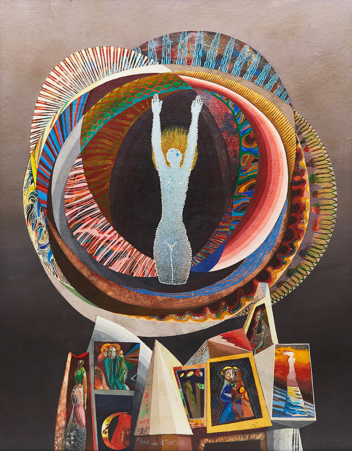 Jesus Carlos De Vilallonga, La ruada de la fortuna (The Wheel of Life), mixed media on board, 1976-1977