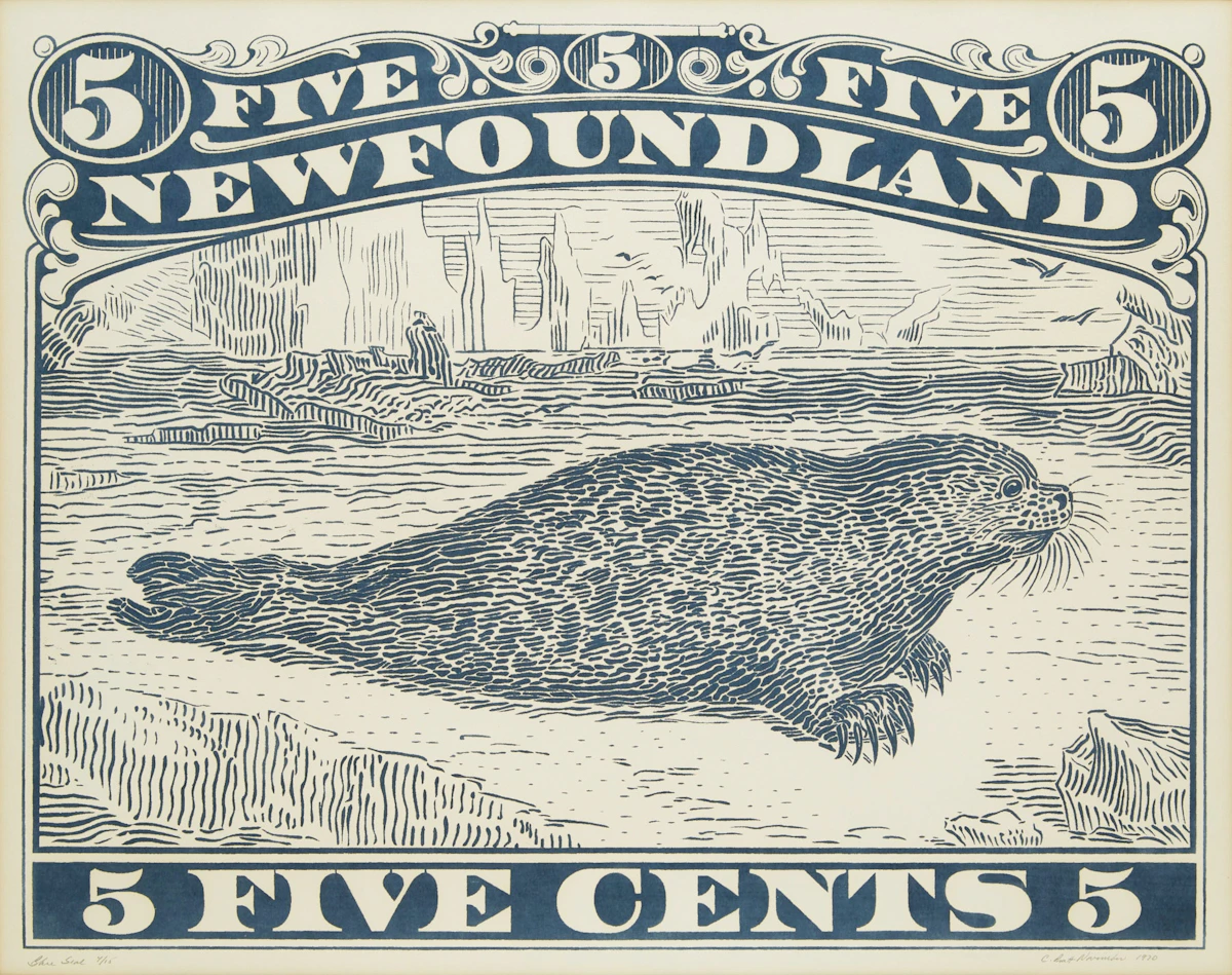 Christopher Pratt, Blue Seal (Newfoundland Five Cents), colour screenprint, 1960