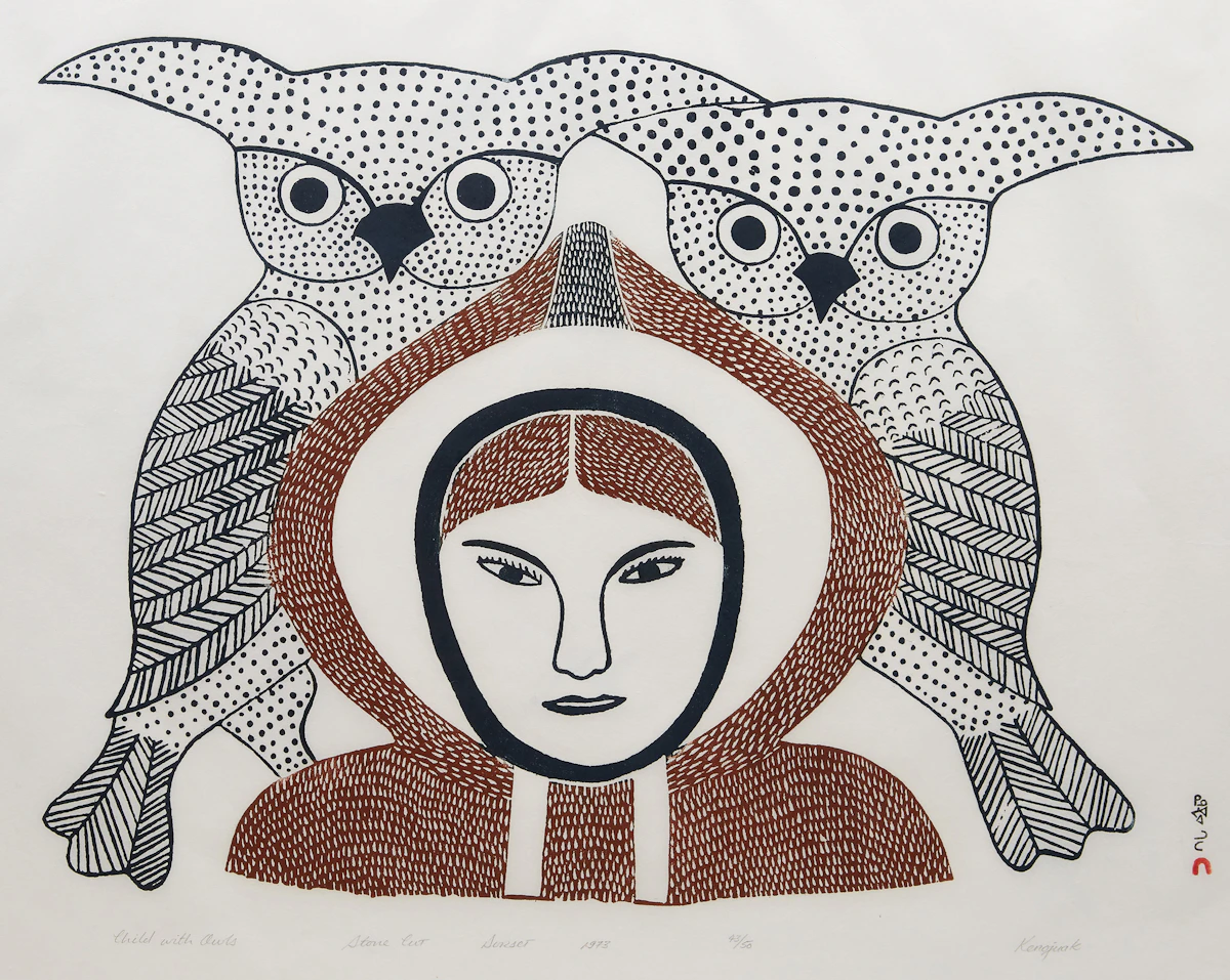 Kenojuak Ashevak, Child with Owls, stonecut, 1973