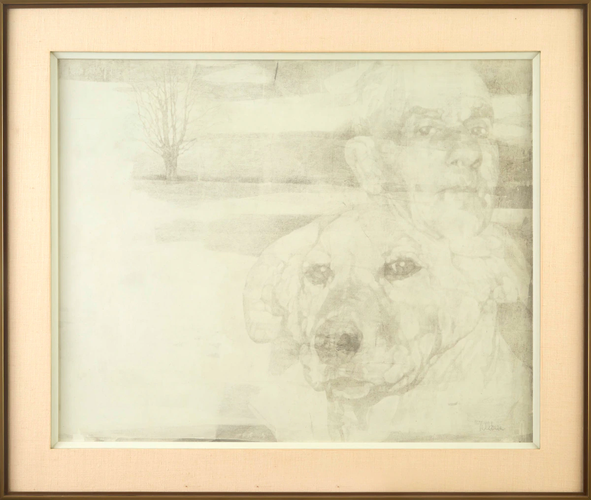 Sally Wildman, Portrait of Dog and Man, ink, 1976