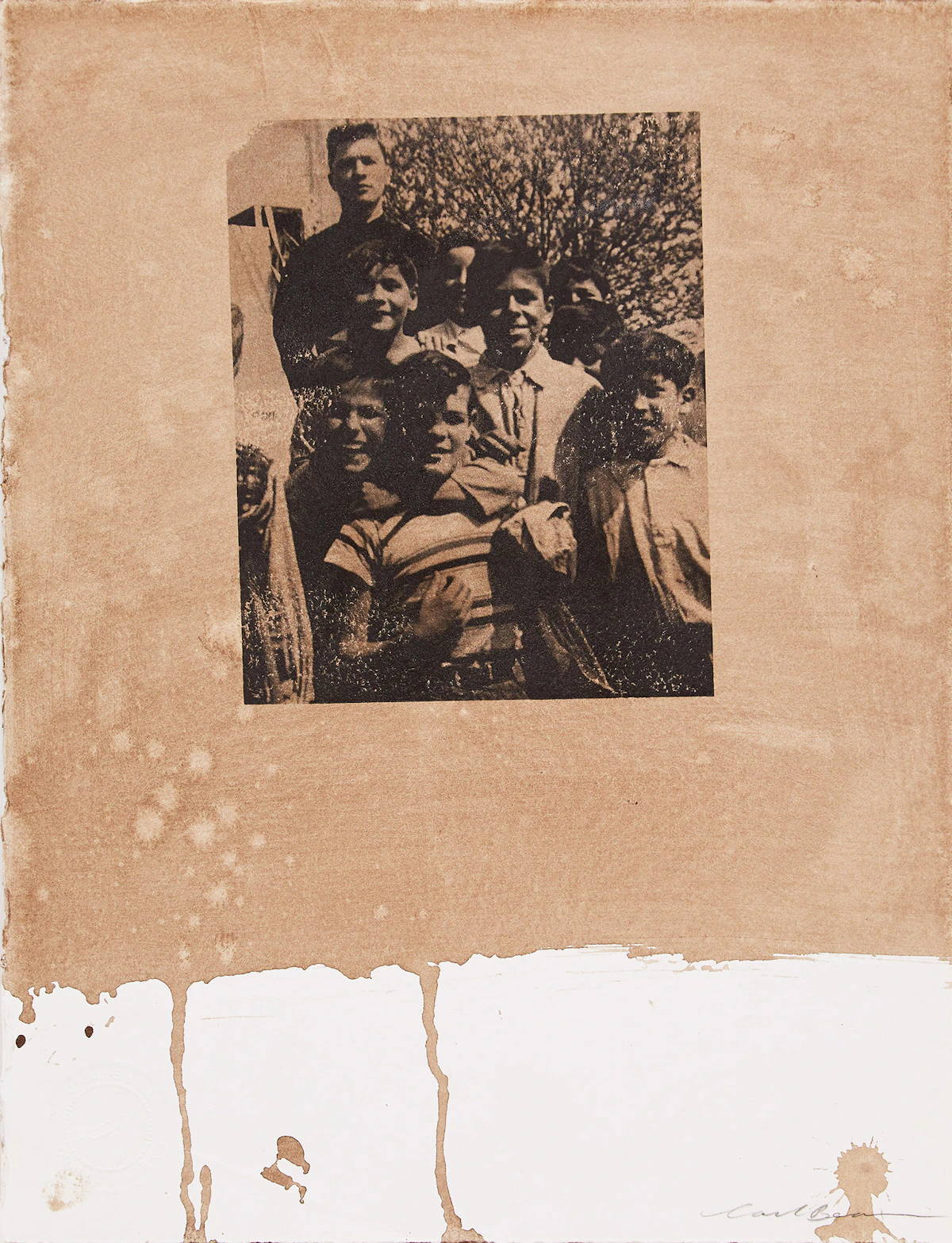 Carl Beam, Untitled (Boys at Residential School), mixed media on paper