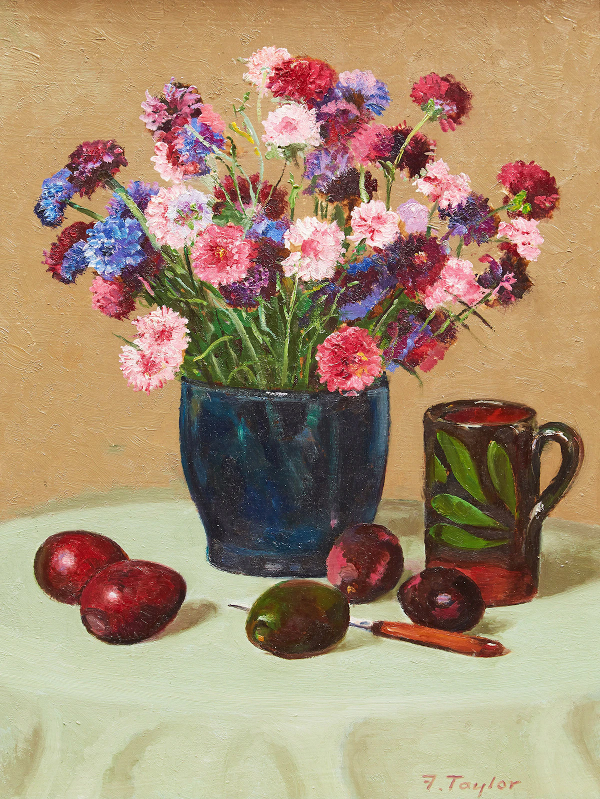 Frederick Bourchier Taylor, Still Life: Cornflowers, Avocados, etc. , oil on board, 1982