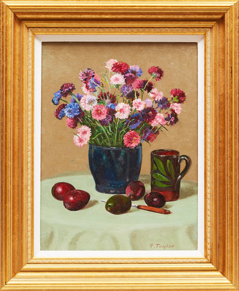 Frederick Bourchier Taylor, Still Life: Cornflowers, Avocados, etc. , oil on board, 1982 - view 2