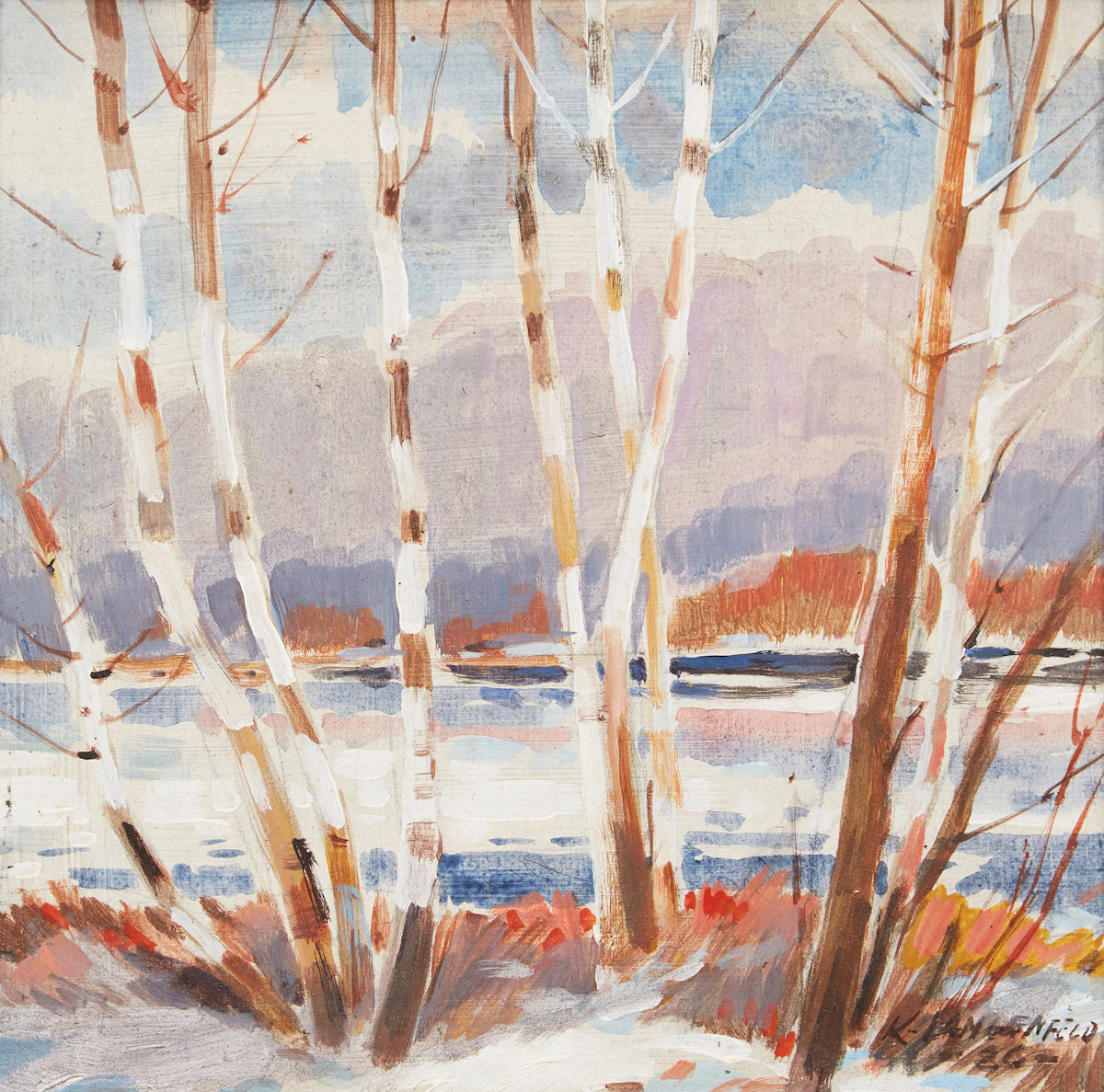 K.  Langenfeld, Beech Trees by the Shoreline, oil on board, 1986