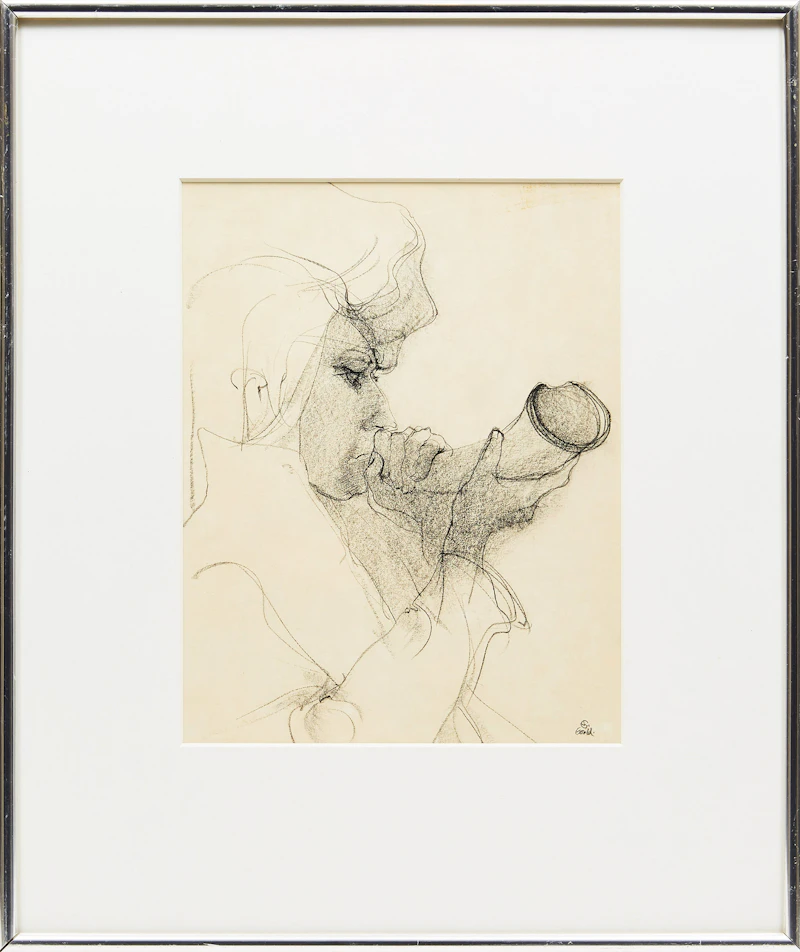 John Gould, Chieftan with Horn, conte on paper - view 2