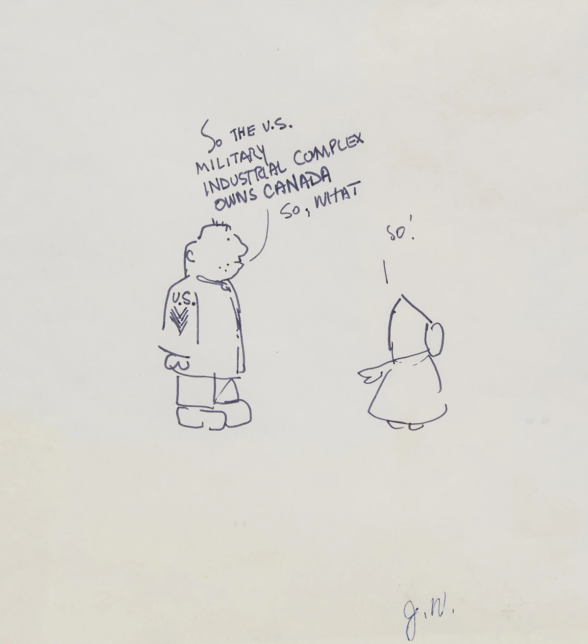 Joyce Wieland, So The U.S. Military Industrial Complex Owns Canada. So, What, ink drawing