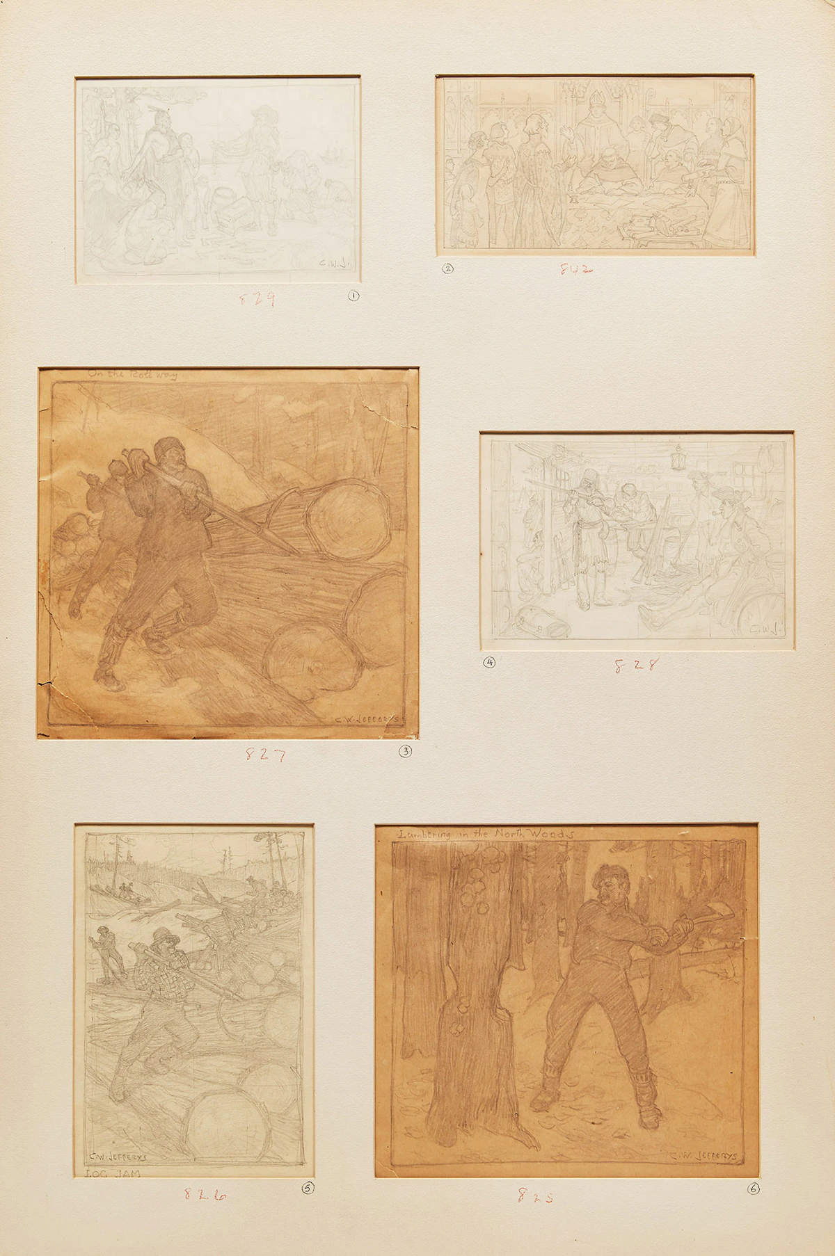 Charles William Jefferys, Six Studies of Loggers and other scenes, six pencil drawings