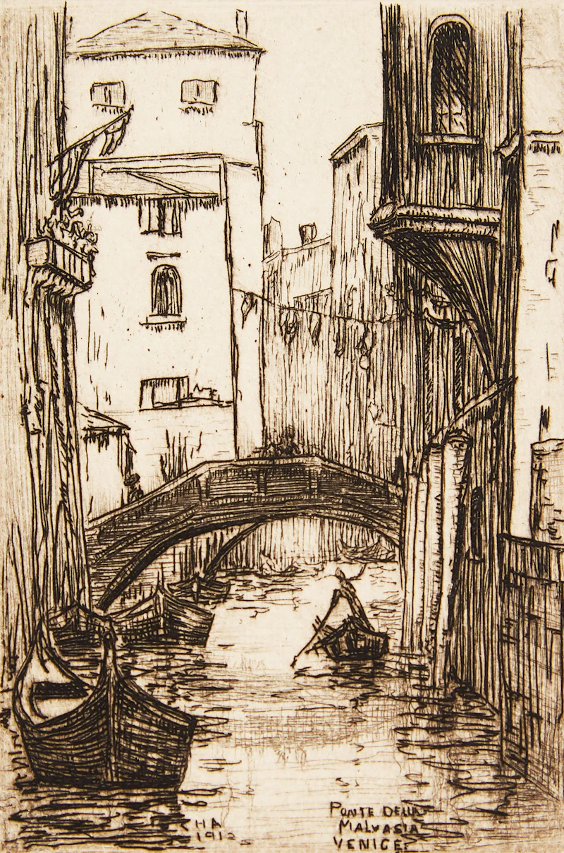 Caroline Helena Armington, Le vieux puits, Musée de Cluny, Paris; Rio Albrizzi Venice; Ponte Della Malvasia Venice, three etchings - view 7
