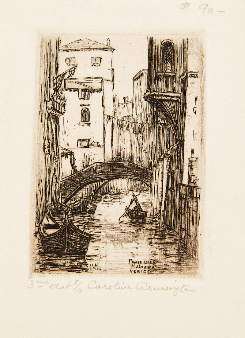 Caroline Helena Armington, Le vieux puits, Musée de Cluny, Paris; Rio Albrizzi Venice; Ponte Della Malvasia Venice, three etchings - view 8
