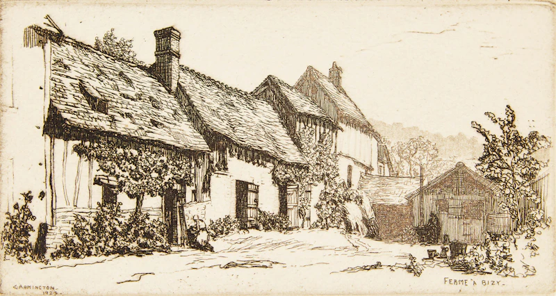 Caroline Helena Armington, Ferme a Bizy; La Casa di Desdemona; Le Viaduc et le Loing à Moret, three etchings