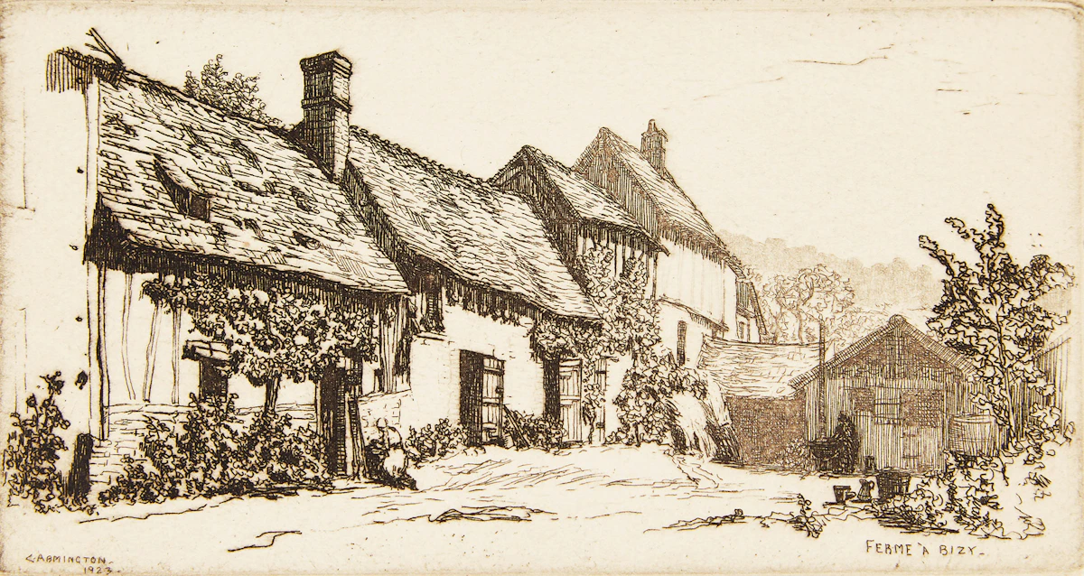 Caroline Helena Armington, Ferme a Bizy; La Casa di Desdemona; Le Viaduc et le Loing à Moret, three etchings