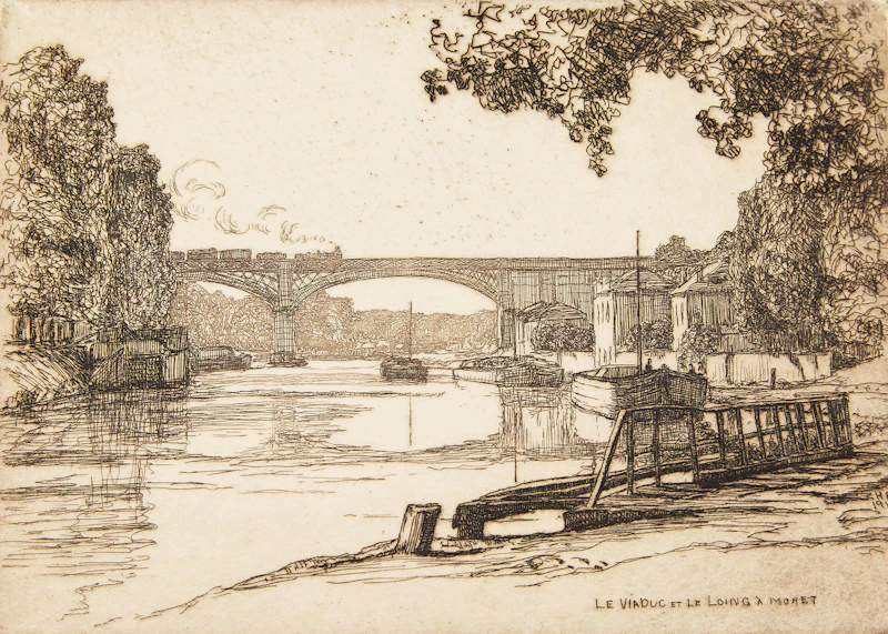 Caroline Helena Armington, Ferme a Bizy; La Casa di Desdemona; Le Viaduc et le Loing à Moret, three etchings - view 7