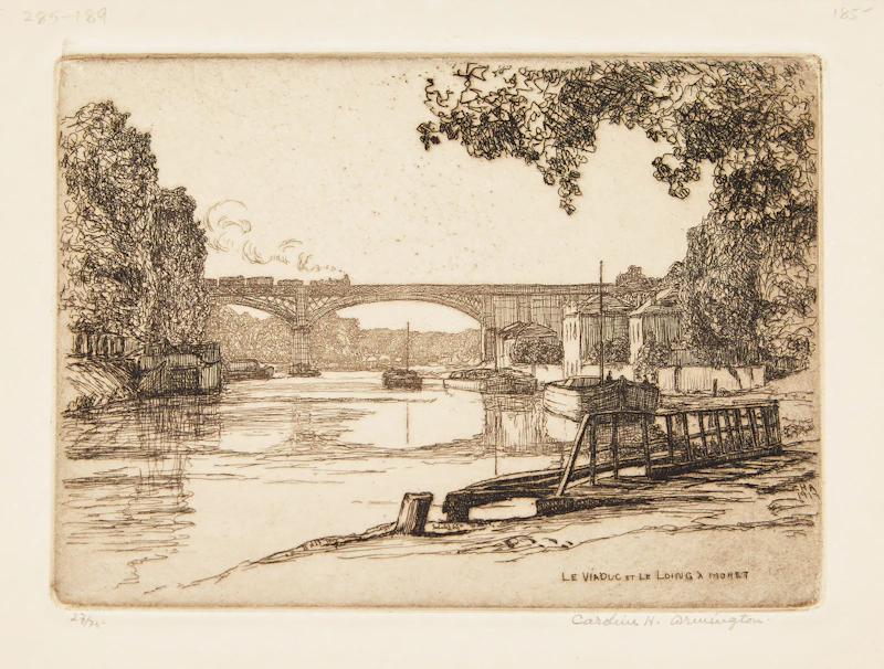 Caroline Helena Armington, Ferme a Bizy; La Casa di Desdemona; Le Viaduc et le Loing à Moret, three etchings - view 8