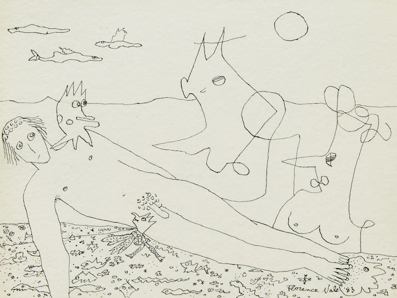 Florence Vale, Inflatable Man at the Beach, pen and ink drawing