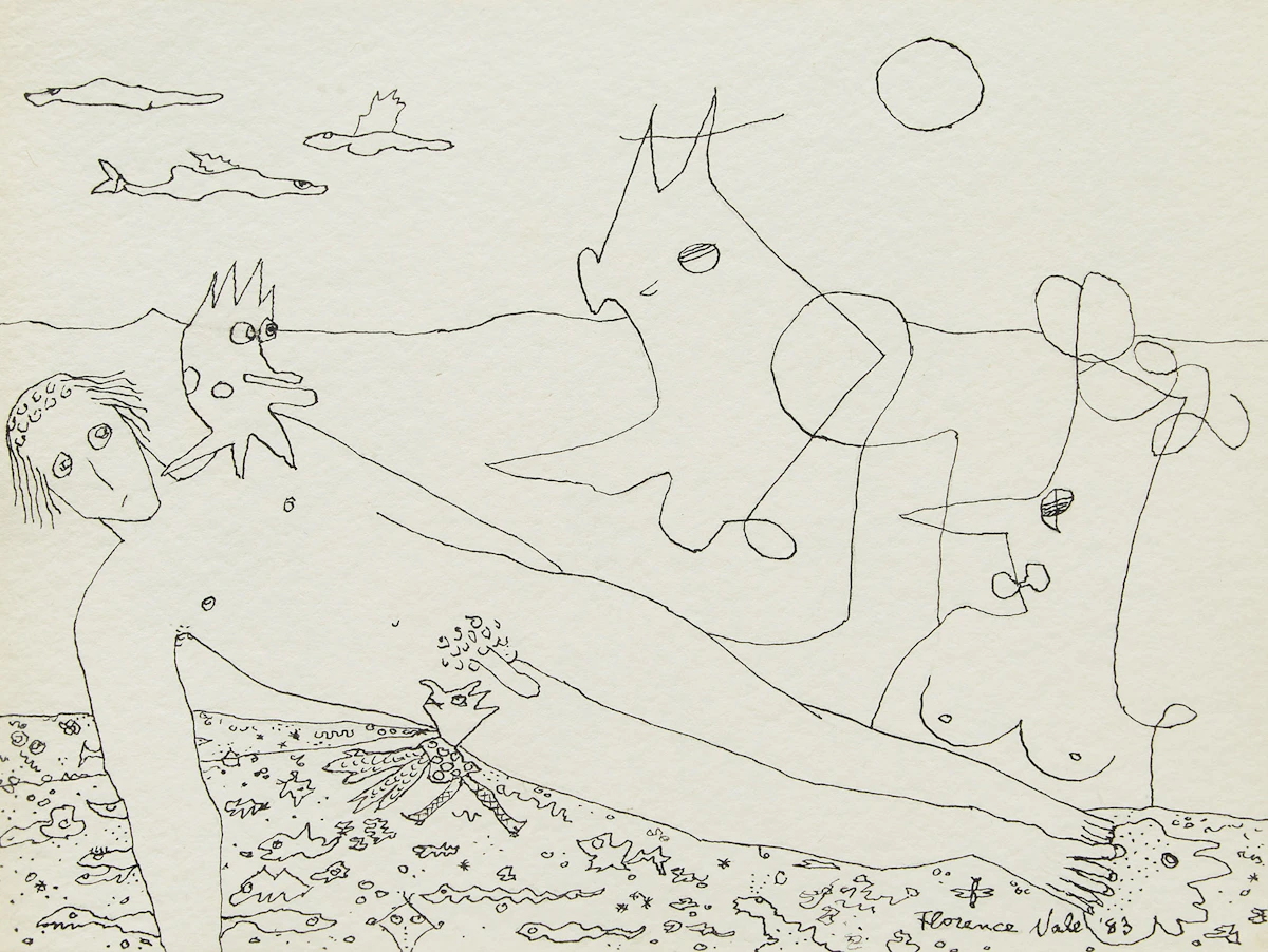 Florence Vale, Inflatable Man at the Beach, pen and ink drawing, 1983