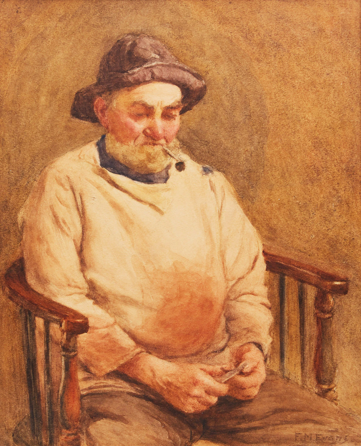 F.M.  Evans, Man with Pipe, watercolour