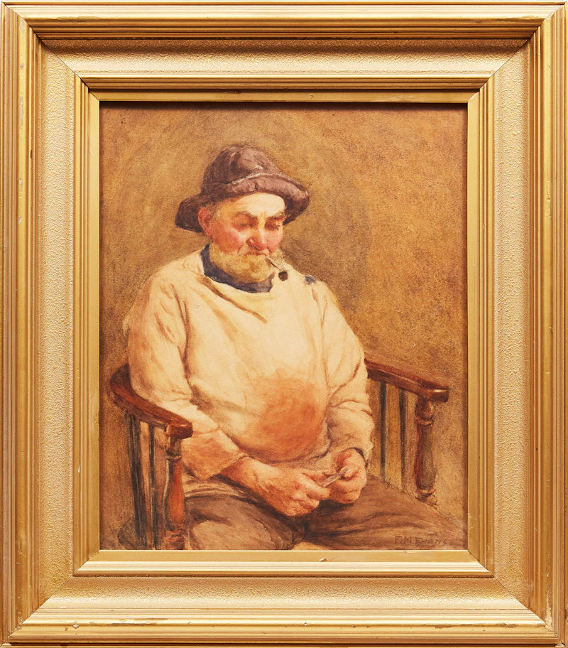 F.M.  Evans, Man with Pipe, watercolour - view 2