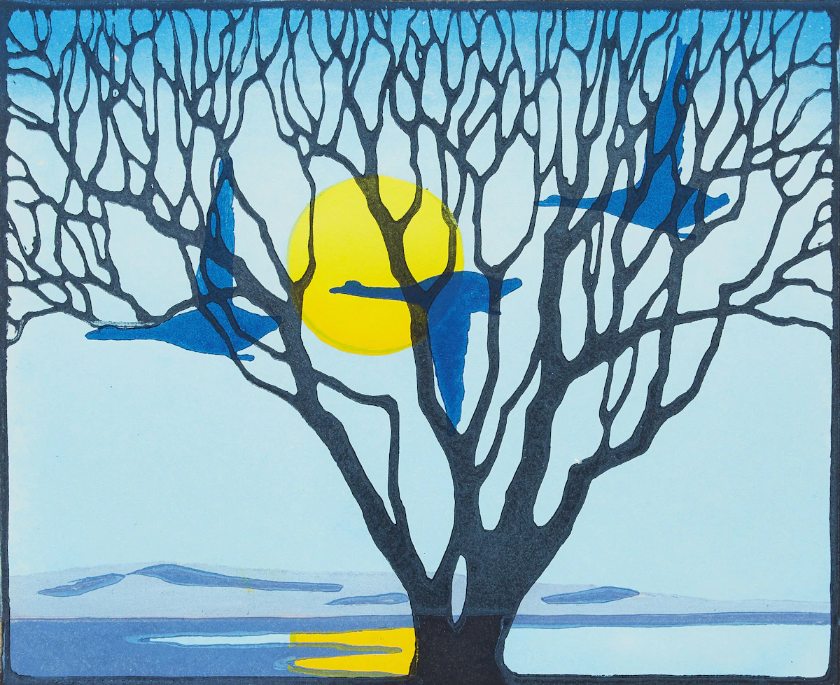 Leonard Hutchinson, Goin’ Home; Above Twelve Mile Creek, two colour woodblock prints