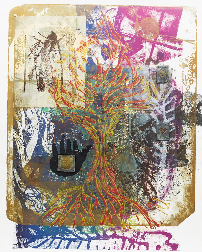 Otis Tamasauskas, Fading Forest Series: The Forest Hopes!, colour lithograph with lead collage and chine collé