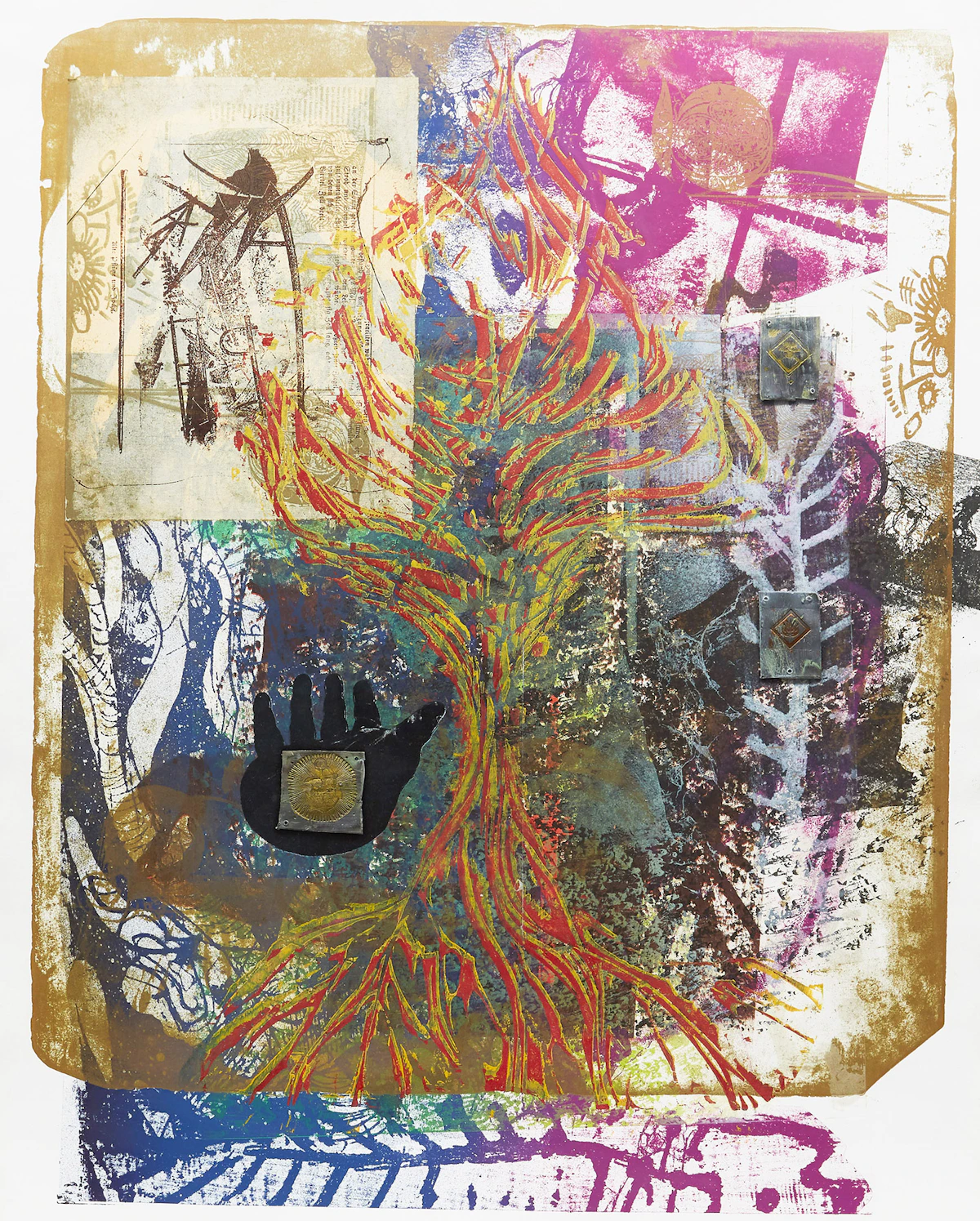 Otis Tamasauskas, Fading Forest Series: The Forest Hopes!, colour lithograph with lead collage and chine collé, 1991