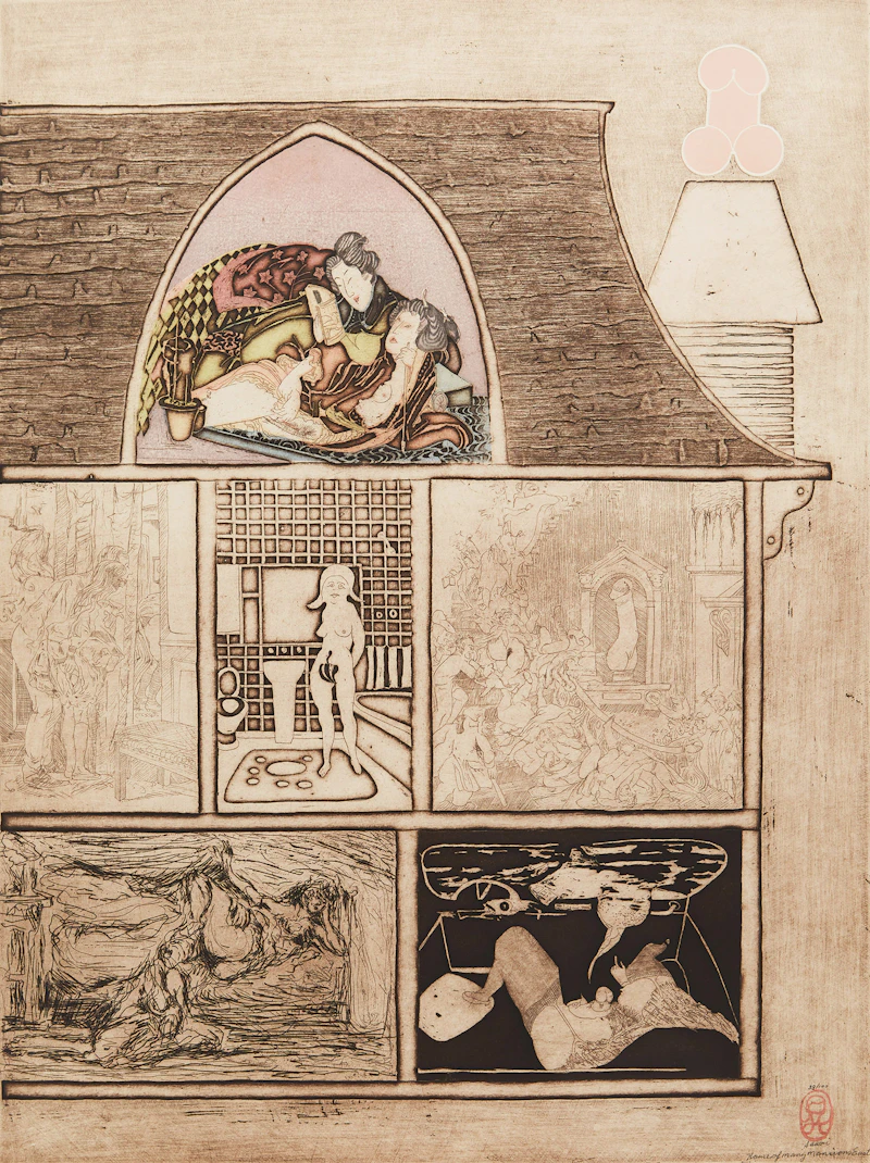 Noburu Sawaii, House of Many Mansions - East; House of Many Mansions - West, pair of woodblock/etchings