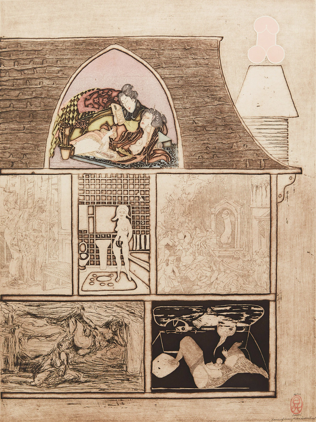 Noburu Sawaii, House of Many Mansions - East; House of Many Mansions - West, pair of woodblock/etchings