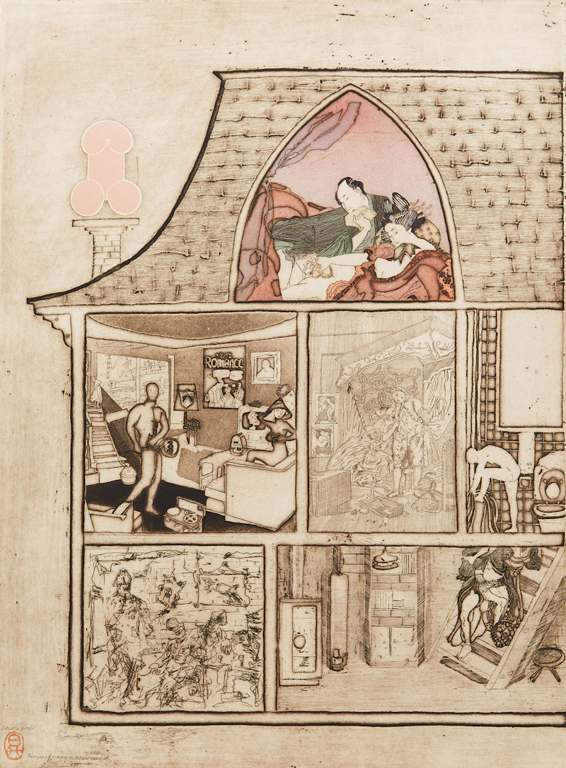 Noburu Sawaii, House of Many Mansions - East; House of Many Mansions - West, pair of woodblock/etchings - view 4