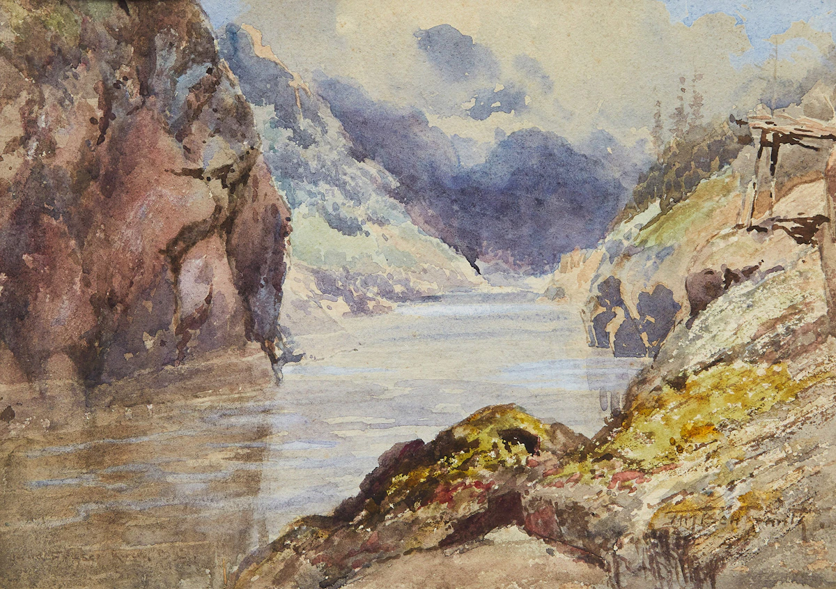 Frederic Marlett Bell-Smith, Fraser River, B.C. , watercolour laid on card