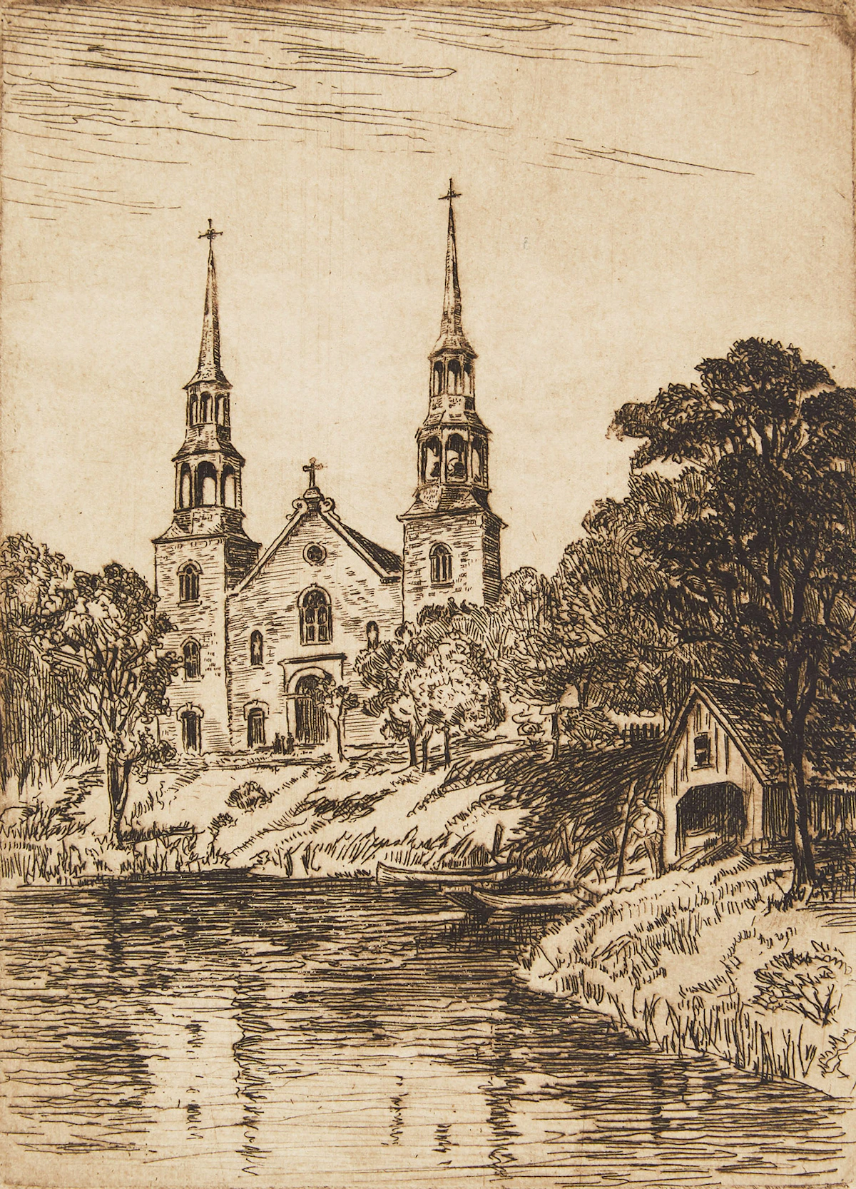 William Walker Alexander, Church St Denis Que; At the Club, pair of etchings