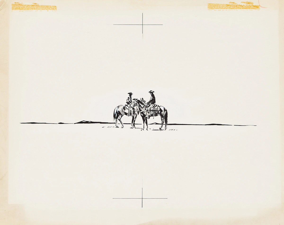 Peter Maxwell Ewart, Two Cowboys, pen & ink on illustration board, 1958