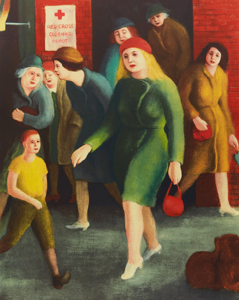 Miller Gore Brittain, Head in the Wind; Leaving the Clothing Depot, two colour lithographs - view 4
