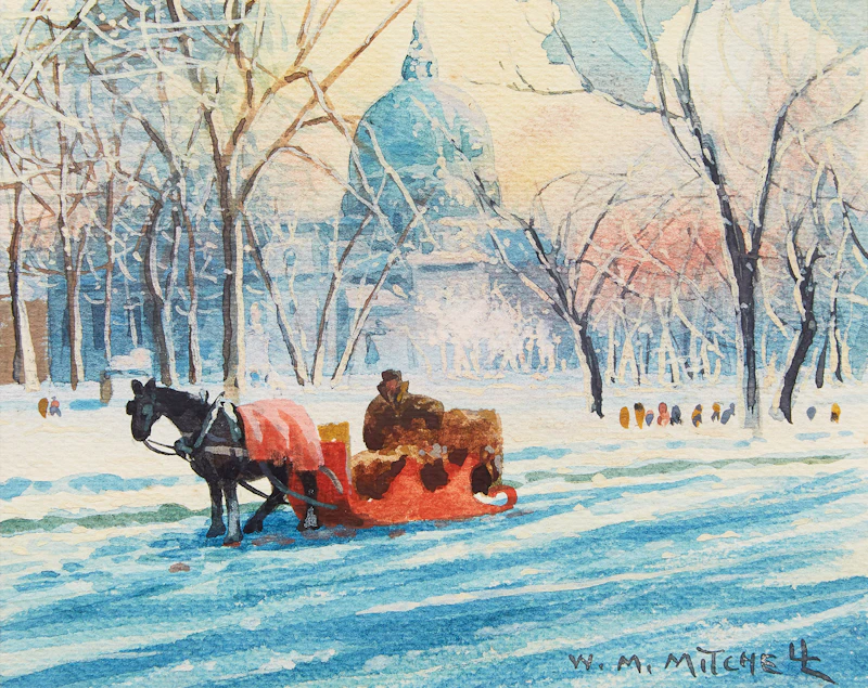 Willard Morse Mitchell, The Little Red Sleigh, A Scene at Dominion Square, Montreal, watercolour