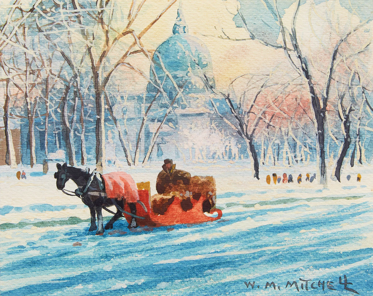 Willard Morse Mitchell, The Little Red Sleigh, A Scene at Dominion Square, Montreal, watercolour, 1946