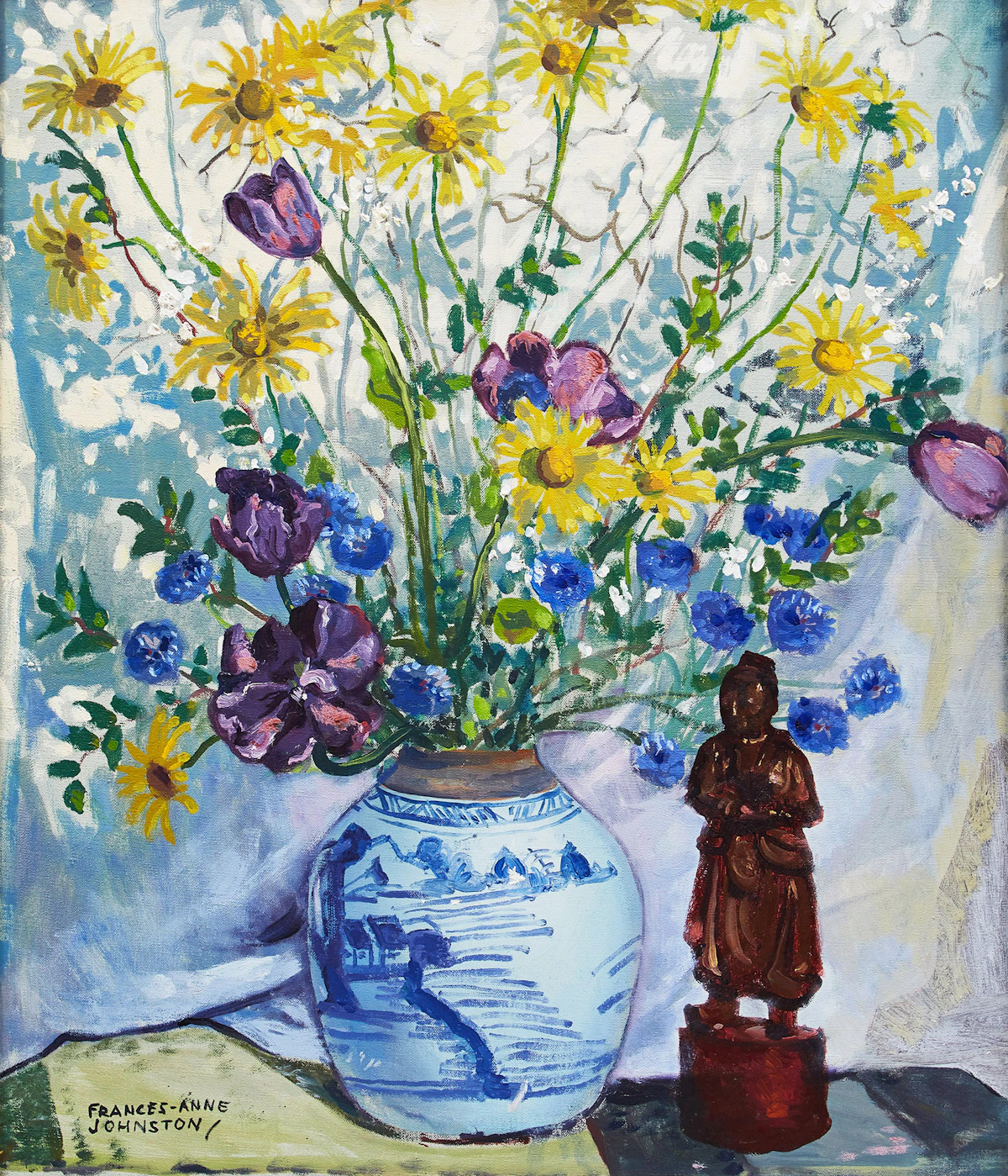 Frances Anne Johnston, Flowers in Chinese Bowl with Chinese Figure, oil on canvas