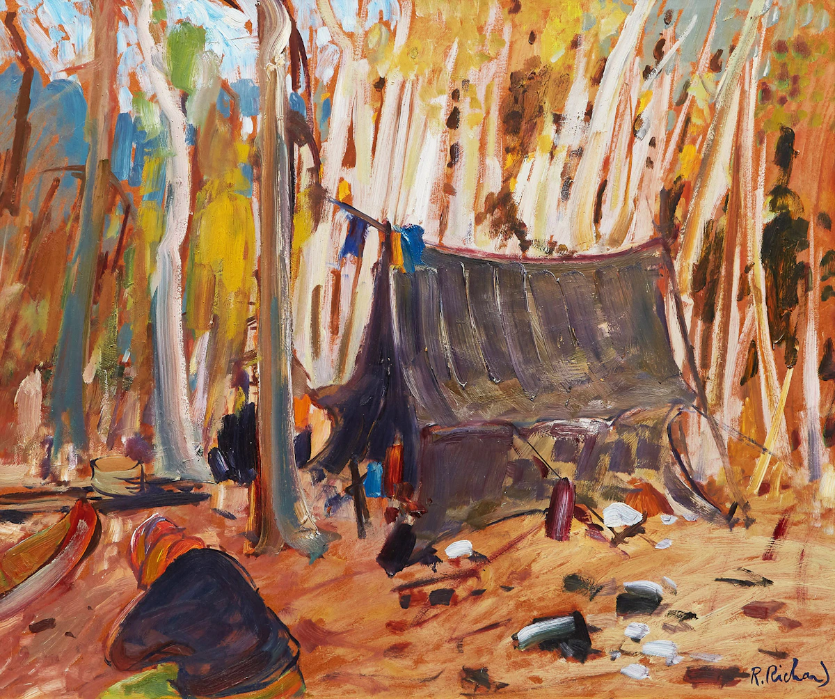 René Richard, Campement de trappeurs en forêt, oil on masonite