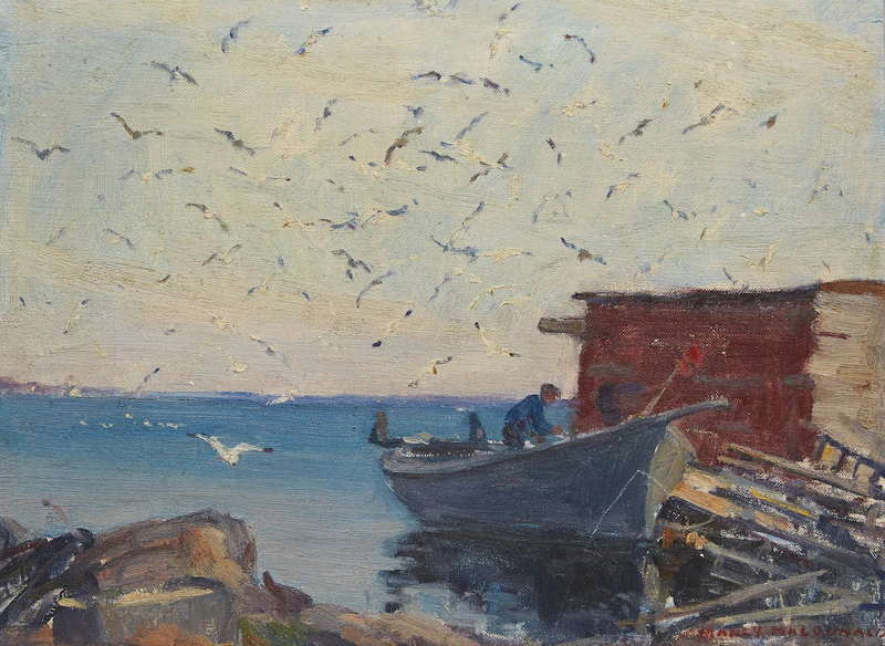 Fisherman, Dory and Gulls at Wharf by Manly Edward MacDonald