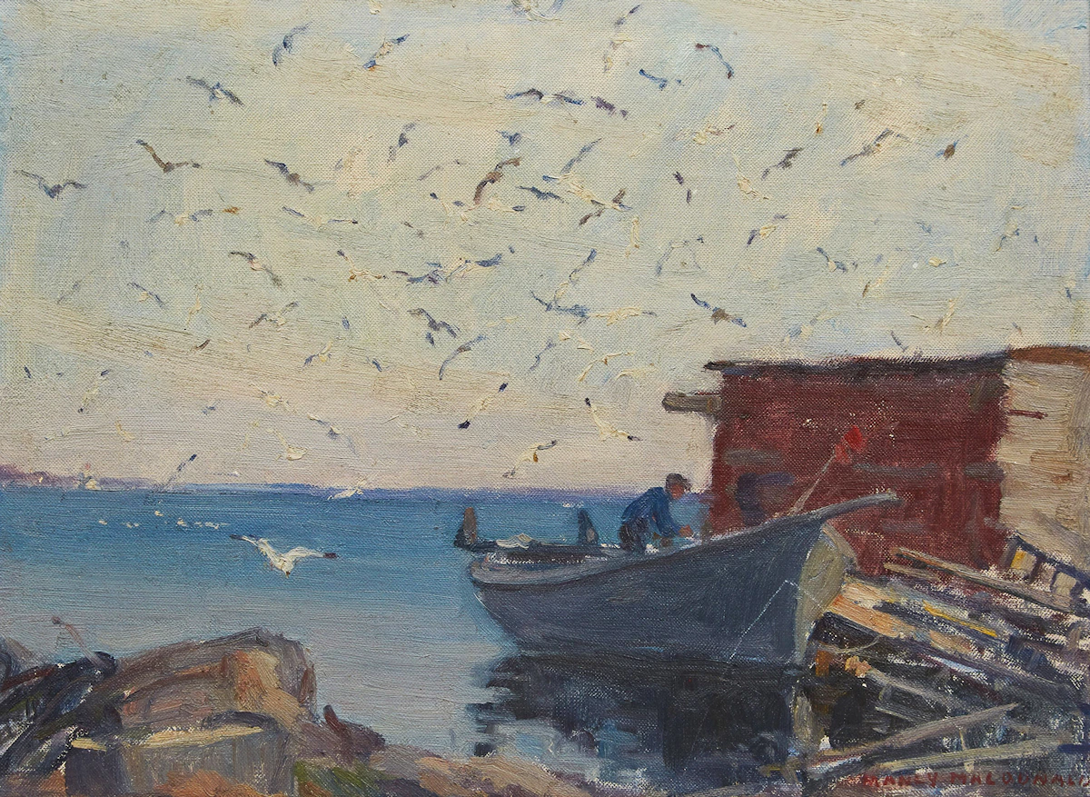 Manly Edward MacDonald, Fisherman, Dory and Gulls at Wharf, oil on canvas laid down on board