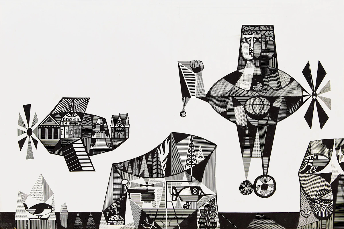 Bertram Gordon, Significance of Powered Flight, scratchboard illustration, 1959