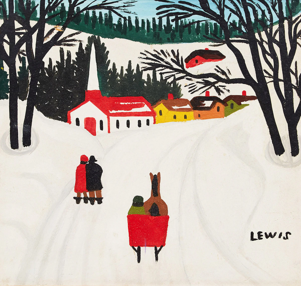 Maud Lewis, Winter Sleighing Scene, mixed media on board