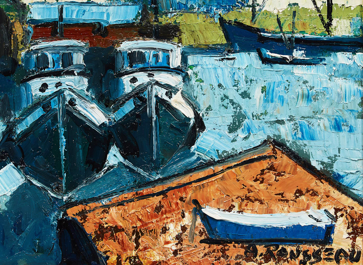 Albert Rousseau, Boats at the Harbour, oil on board