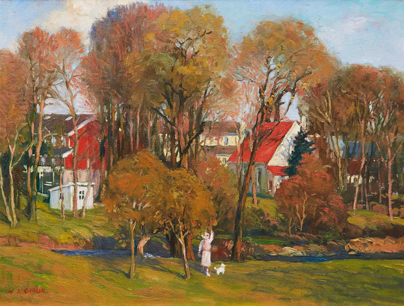 Woman and Dog by a Stream by Hugh Cheuk