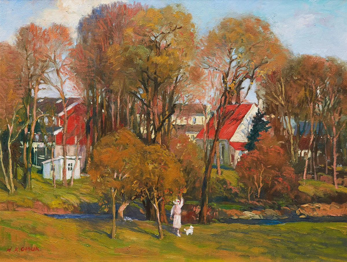 Hugh Cheuk, Woman and Dog by a Stream, oil on canvas