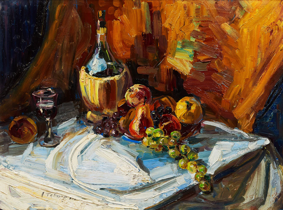 Armand Tatossian, Still Life with Wine and Fruits, oil on canvas