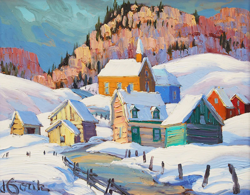 Vladimir Horik, Winter Village Scene, oil on masonite