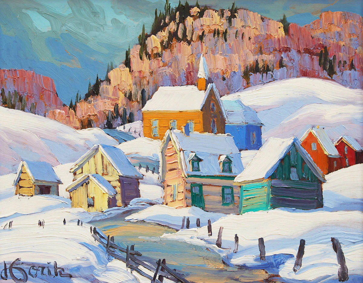 Vladimir Horik, Winter Village Scene, oil on masonite