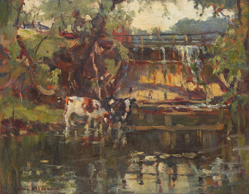 Two Cows Watering Downstream of a Dam by Manly Edward MacDonald