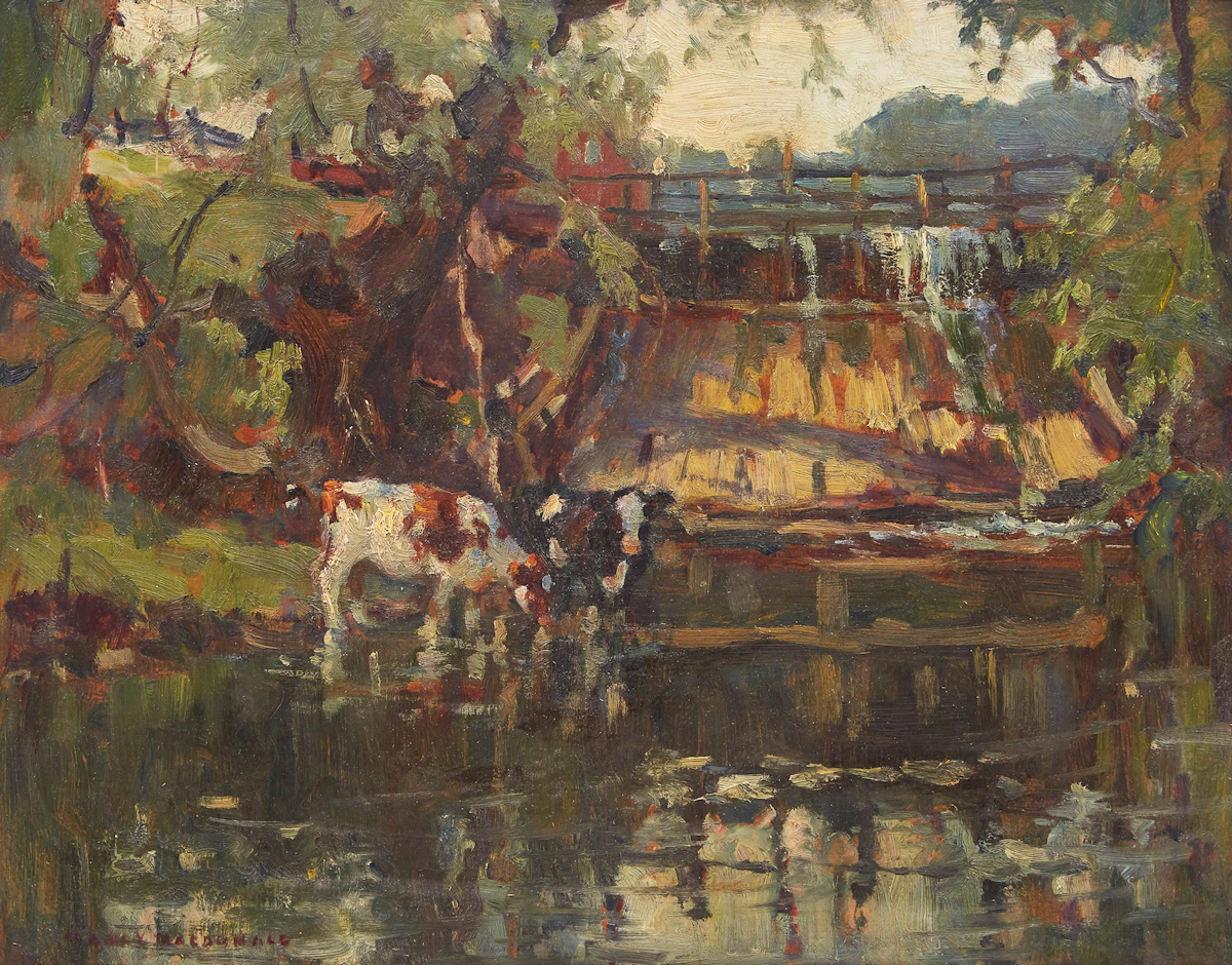 Manly Edward MacDonald, Two Cows Watering Downstream of a Dam, oil on masonite