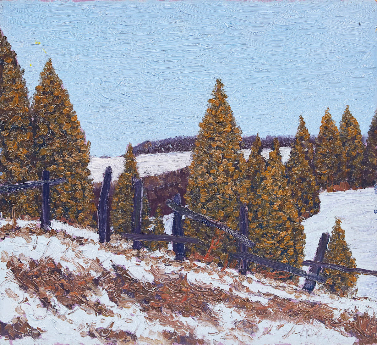 Norman R. Brown, Cedars Along a Split Rail, oil on board, 1999